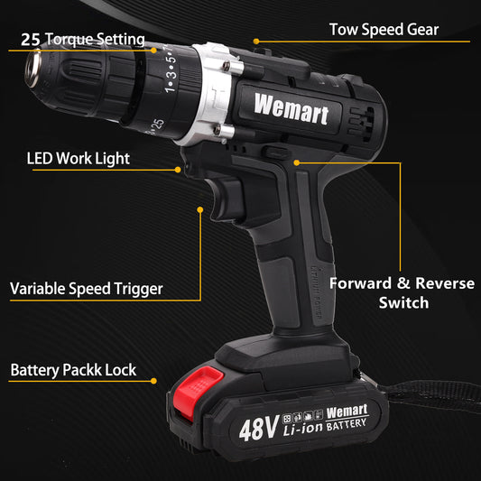 Wemart Cordless Drill Set, 48V Power Drill Kit with 2 Pcs Battery, 25+3 Position, 2 Variable Speed, 3/8'' Keyless Chuck, Fast Charger and 24 Pcs Accessories with Case