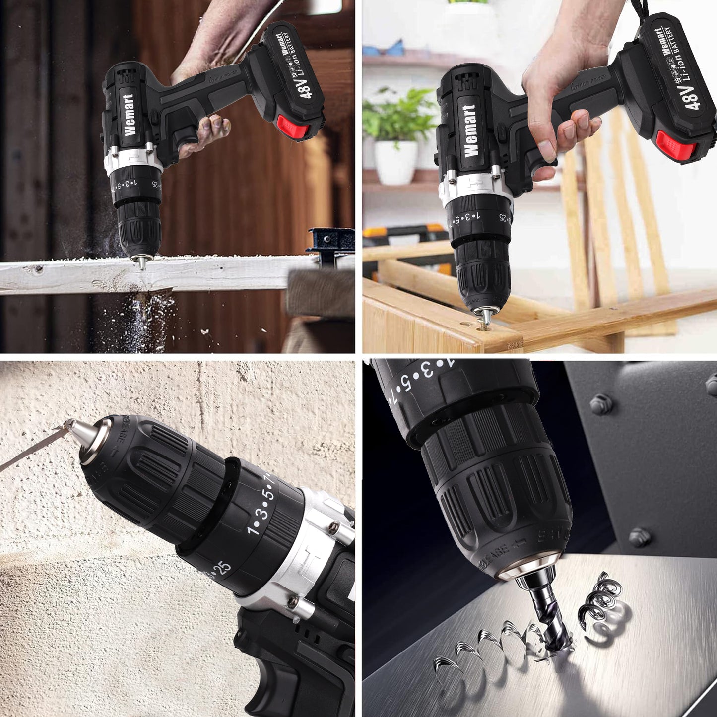 Wemart Cordless Drill Set, 48V Power Drill Kit with 2 Pcs Battery, 25+3 Position, 2 Variable Speed, 3/8'' Keyless Chuck, Fast Charger and 24 Pcs Accessories with Case