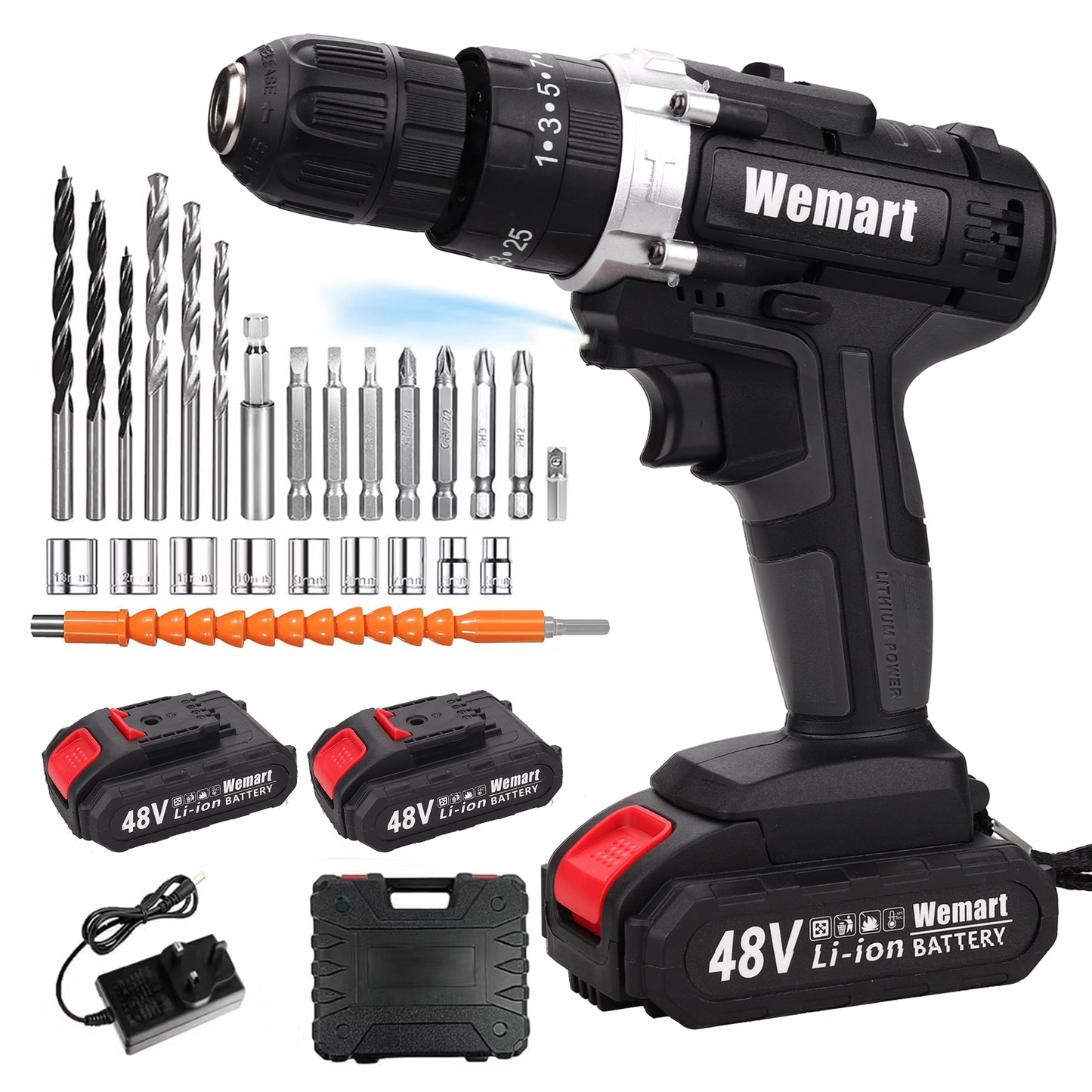 Wemart Cordless Drill Set, 48V Power Drill Kit with 2 Pcs Battery, 25+3 Position, 2 Variable Speed, 3/8'' Keyless Chuck, Fast Charger and 24 Pcs Accessories with Case