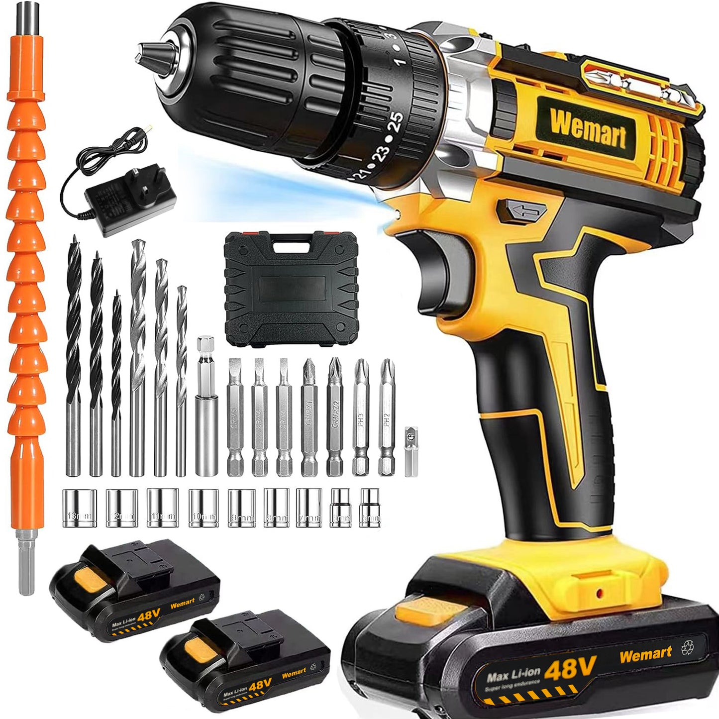 Wemart 48V Cordless Drill Set, Electric Drill with Drill/Screwdriver Bits, 3/8-Inch Keyless Chuck, 2 Variable Speeds, LED Light, 25+3 Torque Setting Battery Power Drilling Driver