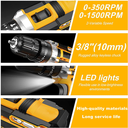 Wemart 48V Cordless Drill Set, Electric Drill with Drill/Screwdriver Bits, 3/8-Inch Keyless Chuck, 2 Variable Speeds, LED Light, 25+3 Torque Setting Battery Power Drilling Driver