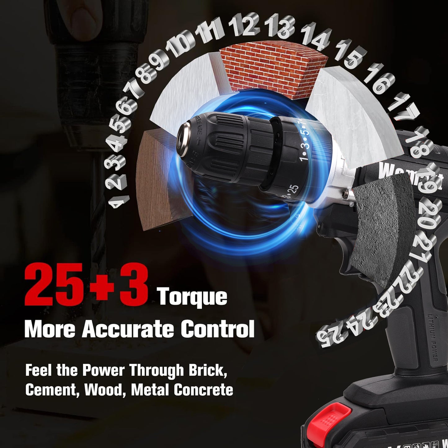 Wemart Cordless Drill Set, 48V Power Drill Kit with 2 Pcs Battery, 25+3 Position, 2 Variable Speed, 3/8'' Keyless Chuck, Fast Charger and 24 Pcs Accessories with Case