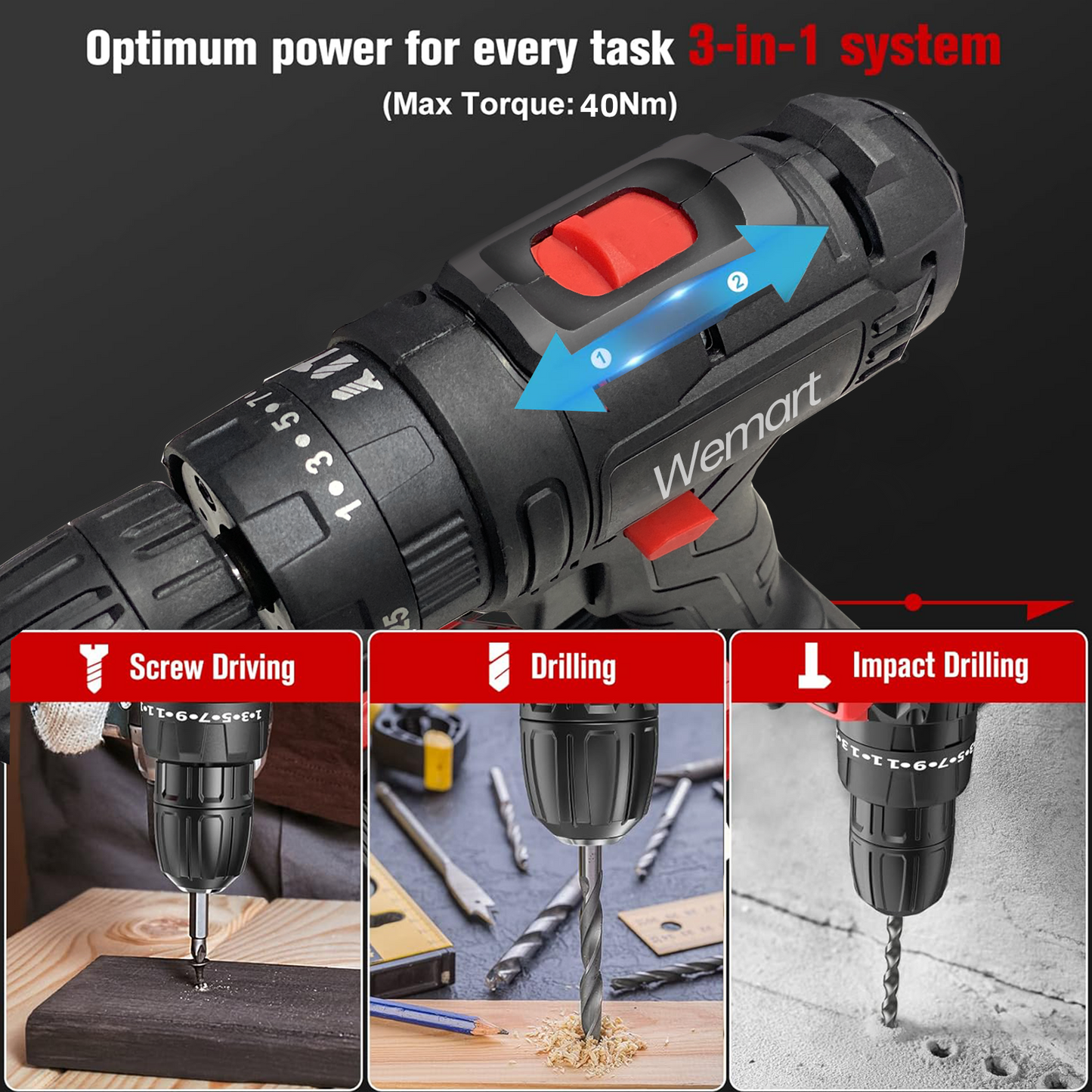 Wemart Cordless Drill Set, 48V Power Drill Kit with 2 Pcs Battery, 25+3 Position, 2 Variable Speed, 3/8'' Keyless Chuck, Fast Charger and 24 Pcs Accessories with Case